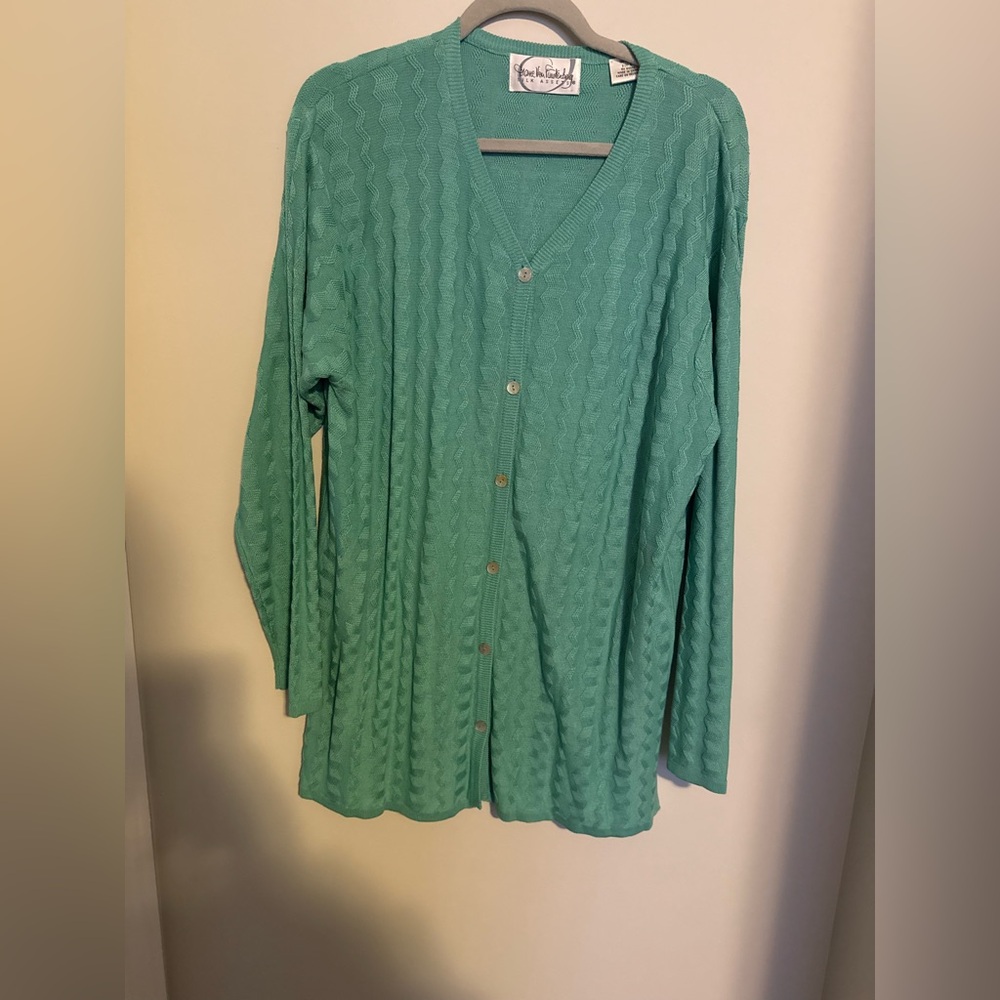 Diane Von Furstenberg Green V-Neck Cardigan 100% silk button up knit top